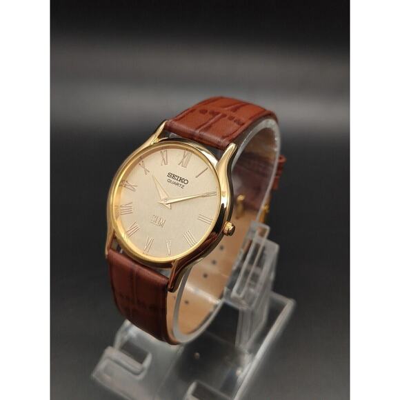 Seiko Other - Vintage Style Seiko Quartz Mens Gold Watch & Brown accents W/ Leather Strap